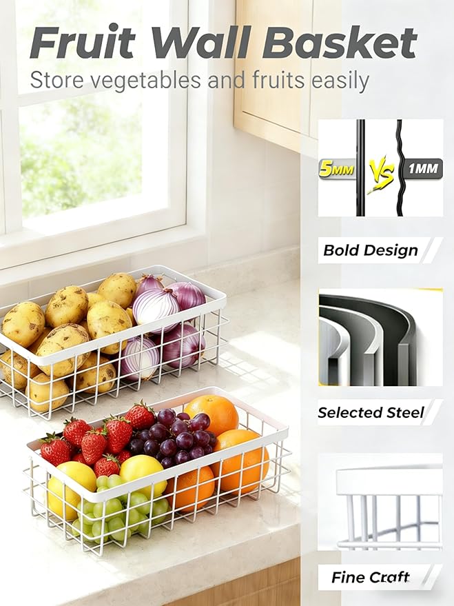 2 Pack Hanging Wire Storage Baskets, Metal Wall Organizer, Adhesive Wall Storage Shelves for Kitchen, Bathroom Pantry (Spice Rack, Cabinet Organizer, Shower Caddy) White