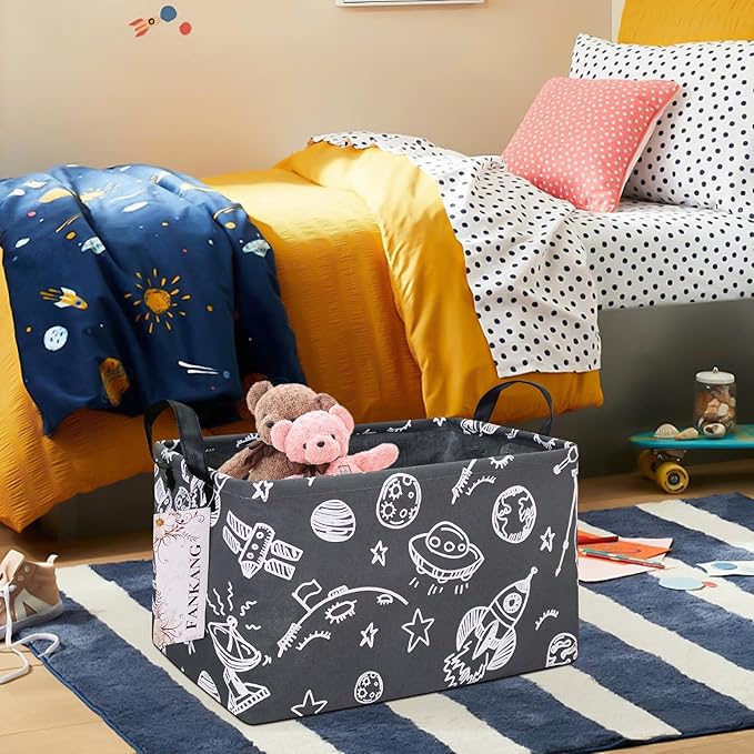 Storage Basket,Nursery Hamper Canvas Laundry Basket Foldable with Waterproof PE Coating Storage, Office, Bedroom, Clothes,Toys (Rec-Space Planet)