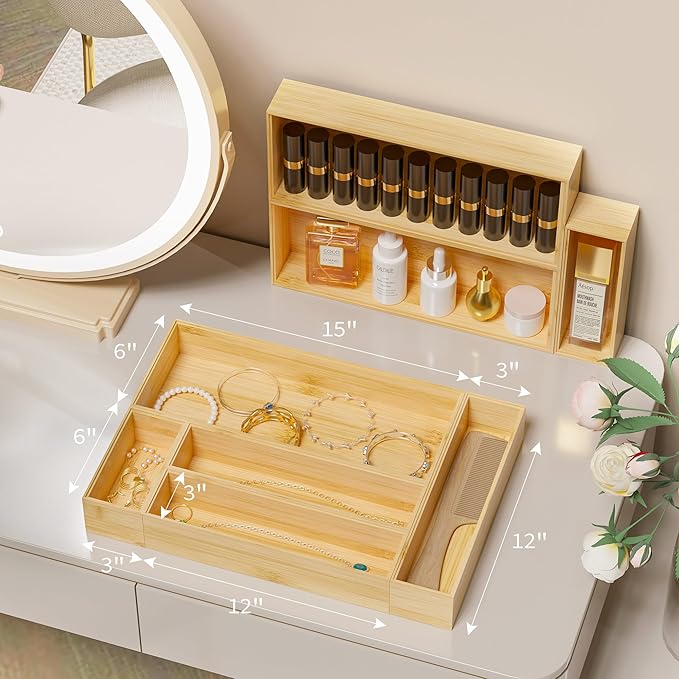 Kitchen Drawer Organizer Bins, Stackable Bamboo Deep Drawer Organizer for Silverware, Utensils, Cutlery, Flatware, Junk Drawer, Dresser, Bathroom, 6" x 3" x 2.5" (Set of 2)