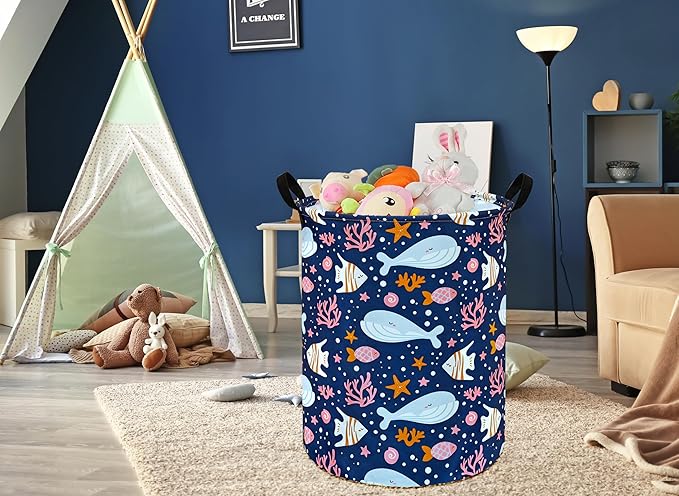 Kids Laundry Hamper Storage Basket Laundry Organizer Hamper Storage Bins Clothes Box Nursery Hamper Gift Basket with Handles (Whale)