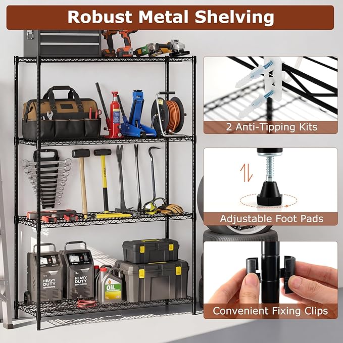 GOFLAME 4-Tier Metal Storage Shelving Unit, Heavy-Duty Adjustable Utility Shelf with V-Shaped Wire Rack, 3200 LBS Storage Organizer for Home, Kitchen, Garage, Basement, 48”L x 18”W x 72.5”H