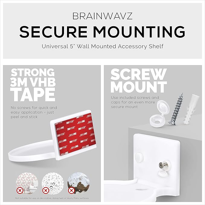 BRAINWAVZ 5” Round Floating Shelf Mount for Security Cameras Baby Monitors Speakers Plants Toys & More Universal Holder Stick-On Or Screw Mount, Easy to Install (White)