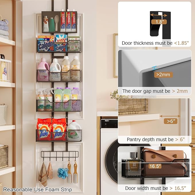 Hongtamoya Adjustable Over The Door Organizer, Closet Door Organizer Heavy Duty Hanging Door Storage with 4 Metal Baskets and PVC Pocket, Behind Organizer for Bathroom Closet Bedroom Cabinet, Black