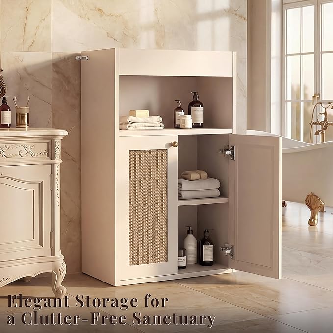 Bathroom Storage Cabinet, Rattan Freestanding Floor Organizer with Anti-Tip Devices and Adjustable Shelf, Small Cabinet for Bathroom, Kitchen, Living Room, White