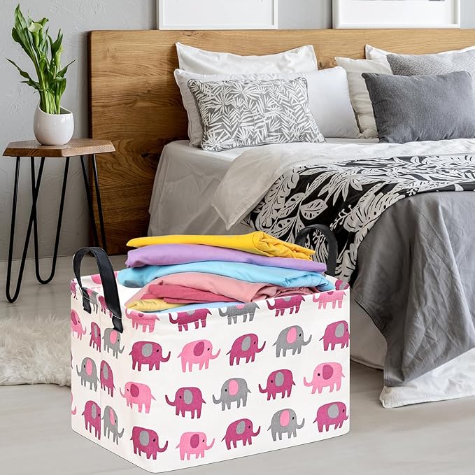 Baby Storage Basket Nursery Box Laundry Hamper Organization Bins for Toys and Clothes with Handles (Pink Elephant)