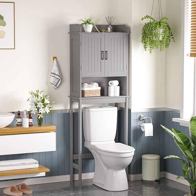 Yardenaler Over-The-Toilet Storage Shelf with Doors, Bathroom Freestanding Organizer Space Saver with Adjustable Shelf, Gray