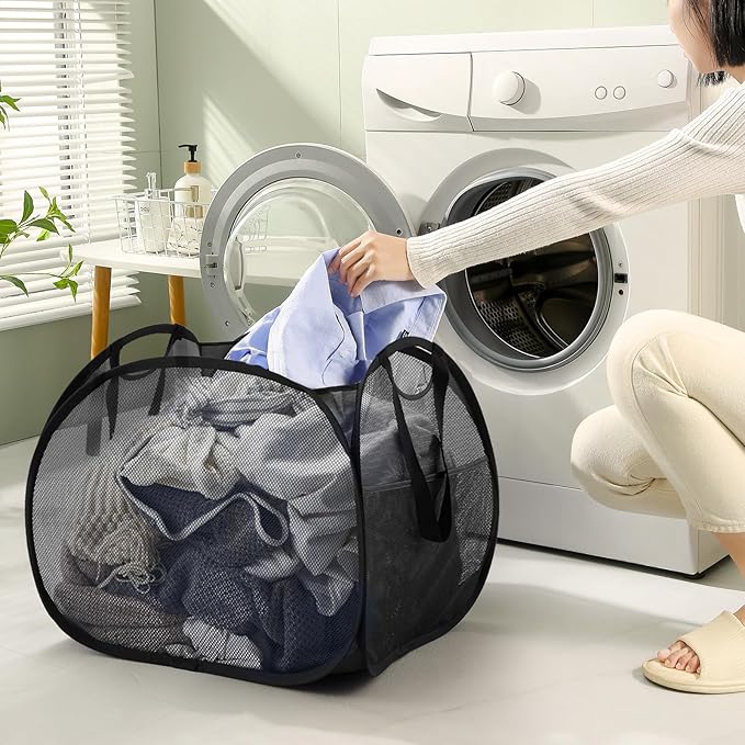 TECHMILLY Collapsible Mesh Pop Up Laundry Hamper with Strong Handles, Large Opening Clothes Hamper with Side Pockets, Storage Baskets for Dorm, Laundry Room, Bathroom or Travel (Black, 90L, 2Pack)