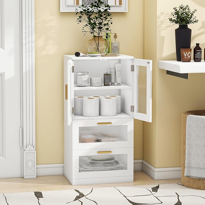 Bathroom Floor Storage Cabinet Freestanding Organizer with Acrylic Doors for Bathroom, Home Office, Bedside, Sofa Side Table