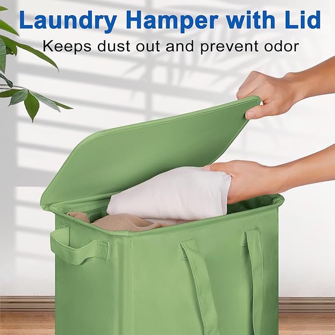 Vincona Slim Laundry Hamper with Lid and Wheels, Small Rolling Laundry Basket with Handle for Small Spaces, Tall Dirty Clothes Hampers for Dorm, Bathroom and Bedroom, 55L, Soga Green