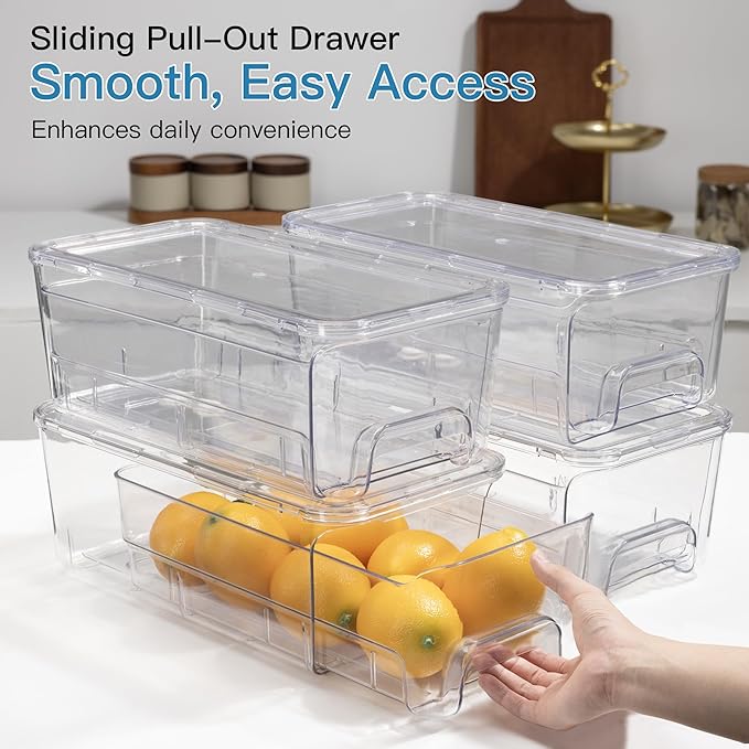 Audend Clear Stackable Storage Bins with Lids, 4 Pack Plastic Storage Containers with Handle for Pantry and Snack Organizers, Suitable for Kitchen, Bathroom, Fridge, Cabinet