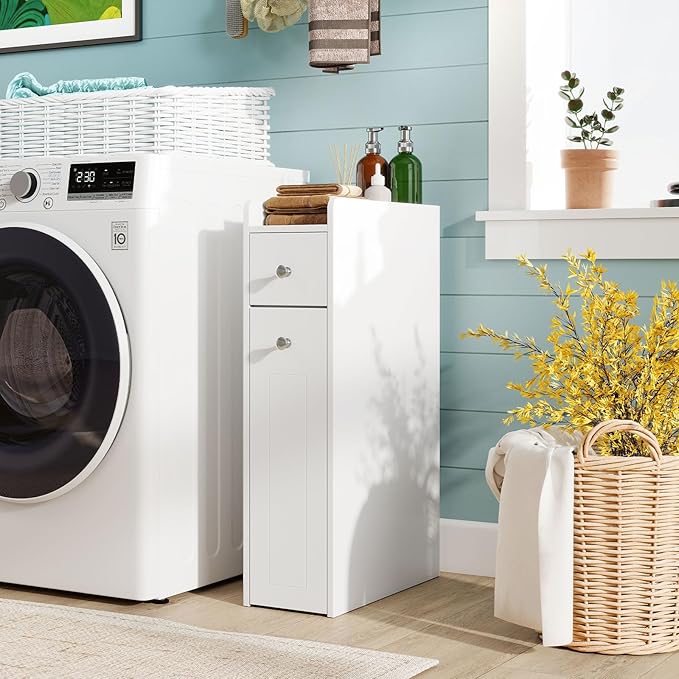 Giantex Slim Bathroom Storage Cabinet, Space-saving Toilet Side Cabinet with Slide-out Drawers on 3 Wheels, Freestanding Narrow Toilet Paper Holder for Living Room, Laundry Room, Compact Space (White)