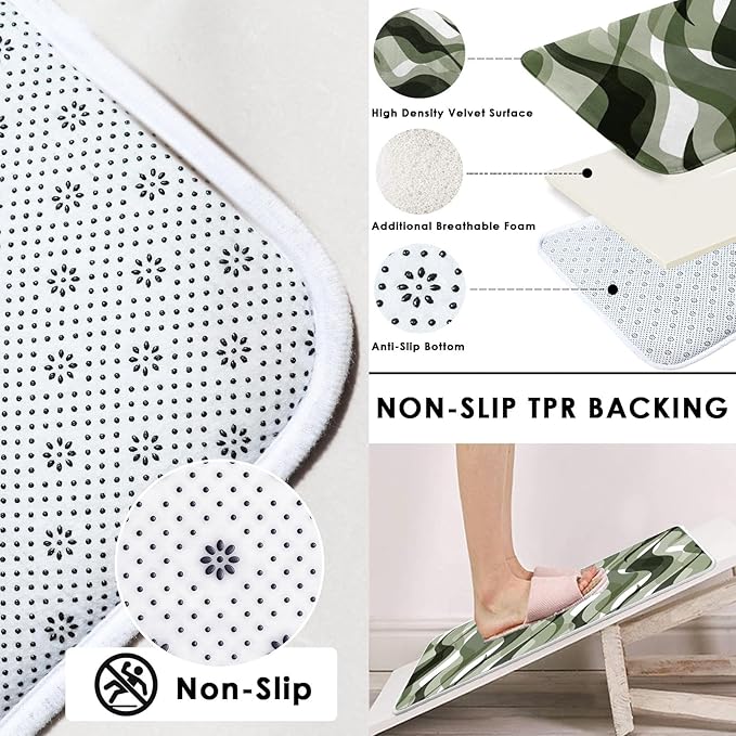 Green Shower Curtain Set with Toilet Lid Cover and Non-Slip Rugs for Bathroom, Geometric Lines Ombre 4 Pcs Shower Curtain, Simple Abstract Modern Bathroom Set with 12 Hooks