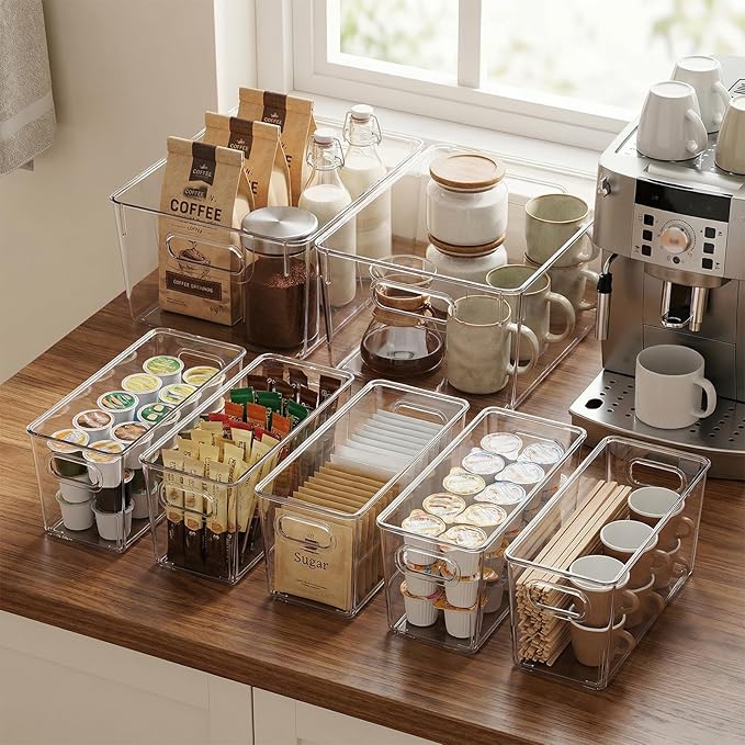 MOONEDGE 10 Pack Clear Plastic Storage Organizer Bins – 4 Large & 6 Deep Narrow, Nestable Space-Saving Storage Containers for Under Sink, Bathroom, Kitchen, Pantry & Cabinet Organization