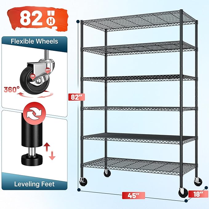 Romorgniz 82" H X45 W X18 D Storage Shelves with Wheels, 6 Tier Wire Shelving Adjustable Metal Shelving Pantry Shelves Capacity 1200LBS for Garage, Pantry, Kitchen, Closet, Black,2P
