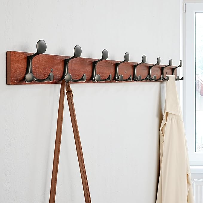 SKOLOO 43-Inch Cherry Wood Coat Rack Wall Mount with 8 Triple Hooks - Ideal for Family Entrances, Classrooms, and Pet Supplies Storage - Perfect Coat Hooks for Wall, Pack of 2