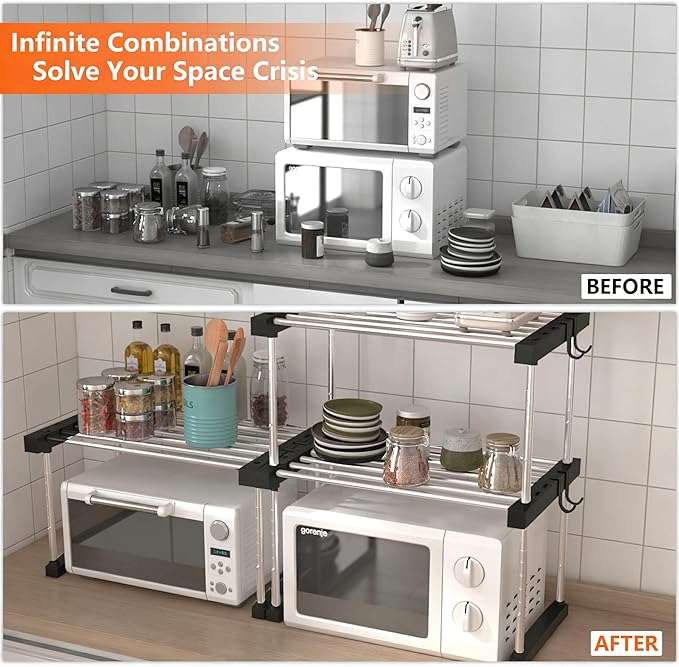 BLULEE Dual-Adjustable Cabinet Organizer Shelf,Expandable Width & Height Stackable Spice Rack with Snap-Lock,2-Tier Kitchen Organization and Storage for Under Sink,Countertop,Pantry,Black,2Pack