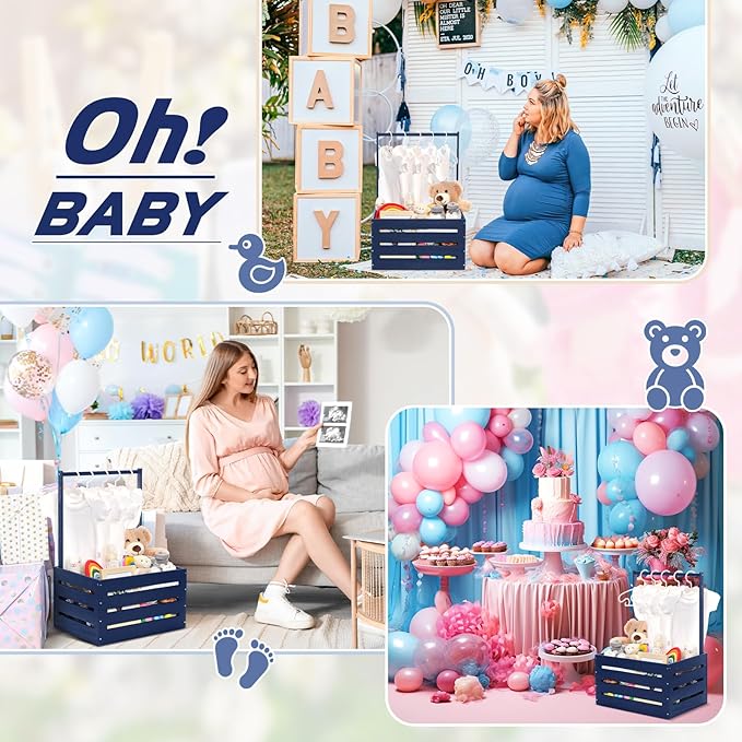 Suzile Wooden Baby Shower Crate Closet Wood Basket for Gifts with Handle Boy Girl Clothes Gender Reveal Storage Box for Newborn New Parent(Navy Blue)