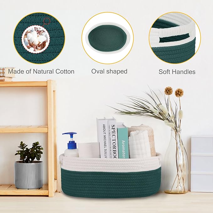 Small Woven Basket with Gift Bags and Ribbons, Empty Baby Gift Baskets for Kids Women Men, Shelf Storage, Small Cat Dog Pet Toy Boxes, 13”x 9”x 5.5”, Dark Green