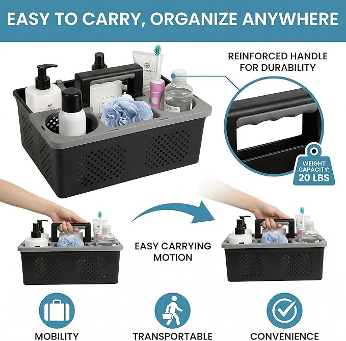 KMV Dorm Room Portable Shower Caddy with Adjustable Compartments - Ventilated Drainage Design with Handles, Perfect Toiletries Organizer for College Dorms-black