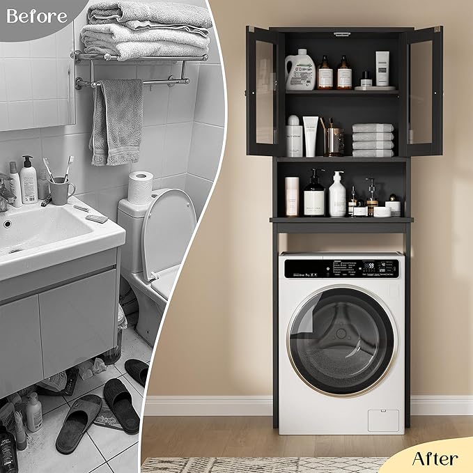 Nuturelly Over The Toilet Storage Cabinet, Bathroom Storage Organizer with Adjustable Shelves and Double Glass Doors, Freestanding Above Toilet Storage with Open Shelf, Wooden Toilet Rack(Black)