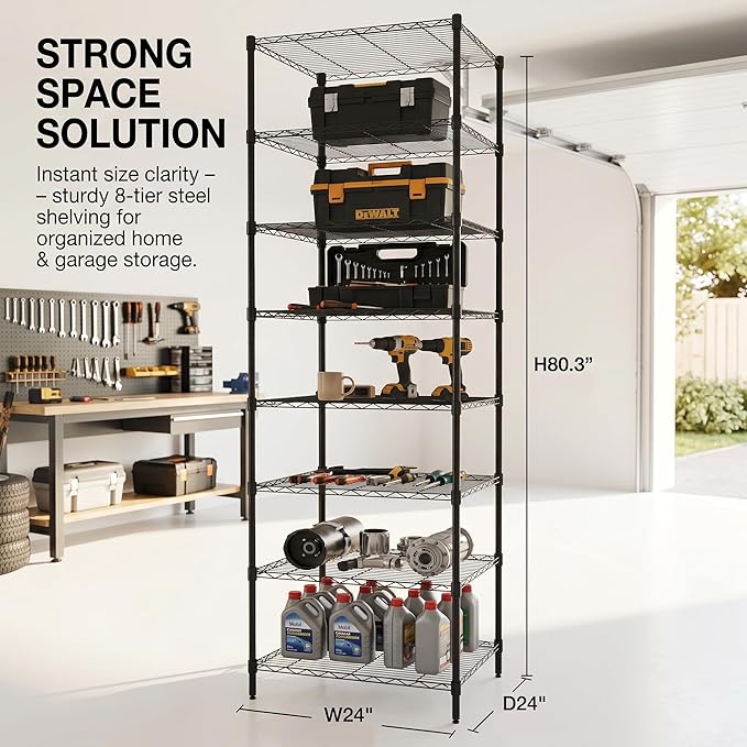Finnhomy Heavy Duty 8 Tier Wire Shelving, 24x24x80.3 inches 8 Shelves Storage Rack with Thicken Steel Tube, Pantry Shelves for Storage, Adjustable Metal Shelving Unit, NSF Certified, Black
