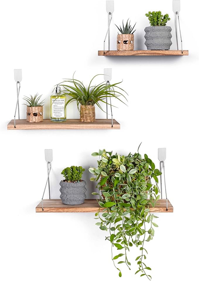 Floating Shelves Set of 3 Rustic Solid Wood Floating Shelf Wall Storage Shelves for Living Room, Bedroom, Bathroom, Kitchen Laundry, Office,no Drill Shelf (Light Color L+M+S)
