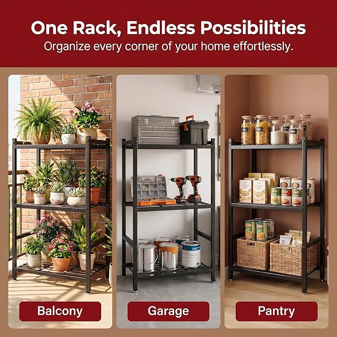 Small Storage Shelves, 3-Tier Metal Shelving Unit with Adjustable Feet, Compact Shelf Organizer for Garage, Kitchen, Pantry and Closet Organization, 11.8" x 17.7" x 29.9",Black