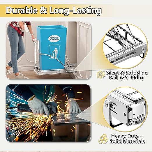 Under Sink Trash Can Pull Out 7-13Gal 50Qt Black, Under Cabinet Trash Bin Pull Out Kit 13" Wx17 Hx17 D, Sliding Garbage Can Under Counter, No Can Include (Silver)
