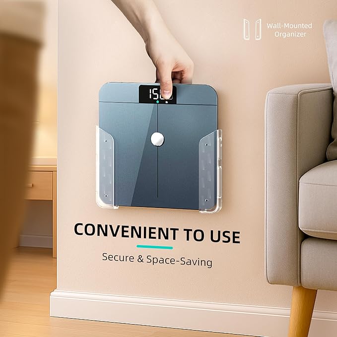 ELETIUO Wall-Mounted Scale Holder with Adhesive &Screws -Fits Most Digital Scales (Up to 1.2"/30mm Thick),Anti-Slip Silicone Pads,Space-Saving Bathroom/Bedroom Organizer-Easy to Install, Clear