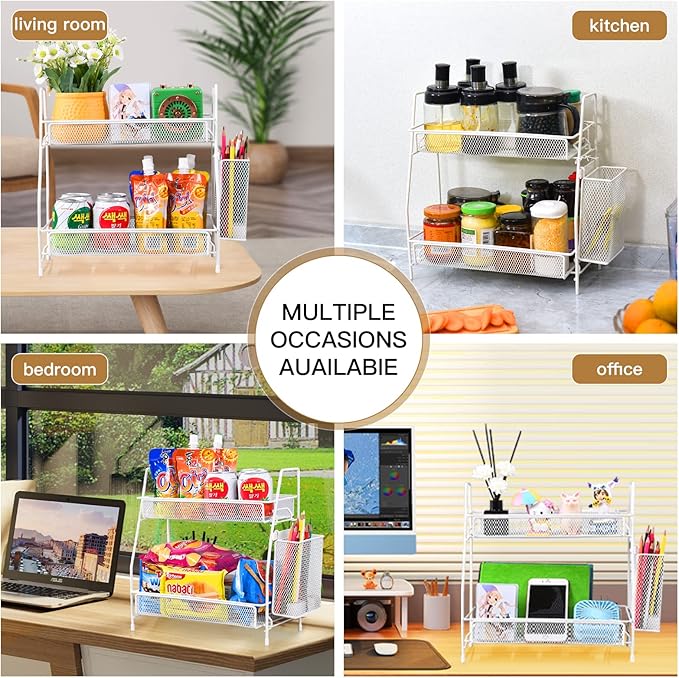 2024 upgraded Bathroom Organizer with Basket, 2-Tier Bathroom Tray for Countertop Storage Shelf, Vanity Organizer and Storage Kitchen Counter Organizers Spice Rack(White)