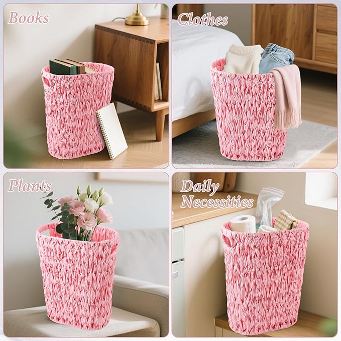 Bathroom Accessories Set, 25PCS Wicker Bathroom Accessory Set with Shower Curtain, Bath Mat, Soap Dispenser, Handwoven Trash Can & Ratten Tissue Box (Pink, Bath Set+Shower Curtain+Rugs)