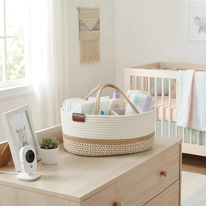 DECOMOMO Baby Caddy Organizer, Mother's Day Diaper Caddy Basket, Baby Baskets for Baby Shower (Spiral Beige & White, Large)