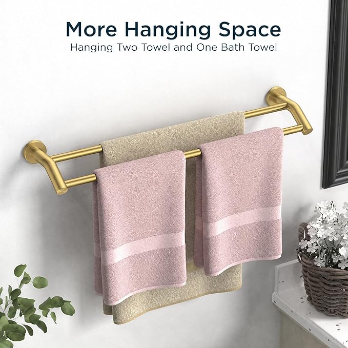 FORIOUS Double Towel Bar 24 Inch, Heavy Duty SUS304 Stainless Steel Dual Towel Racks for Bathroom Wall Mount, Space Saving Towel Rod Towel Holder Rail，Brushed Gold