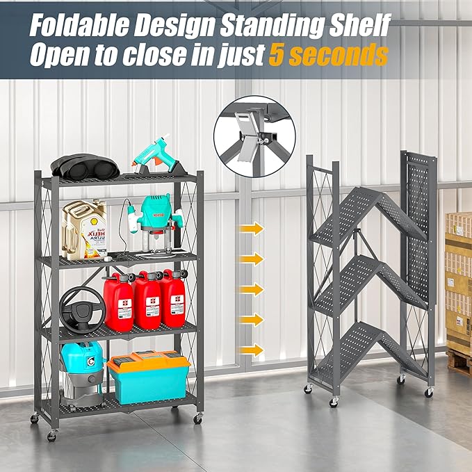 4-Tier Folding Metal Storage Rack - 50" Heavy-Duty Steel Frame with Wheels, No Assembly Utility Organizer, Rolling Shelving Unit for Kitchen, Garage, Pantry, Bedroom (Gray, 4 Tier)