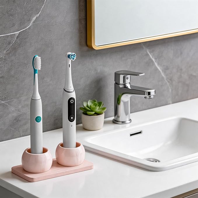 2 Pack Ceramic Toothbrush Holder with Diatomite Toothbrush Tray for Bathroom Shower Countertop Storage Organizer, Small Toothpaste Razor Electric Tooth Brush Head Stand (Pink)