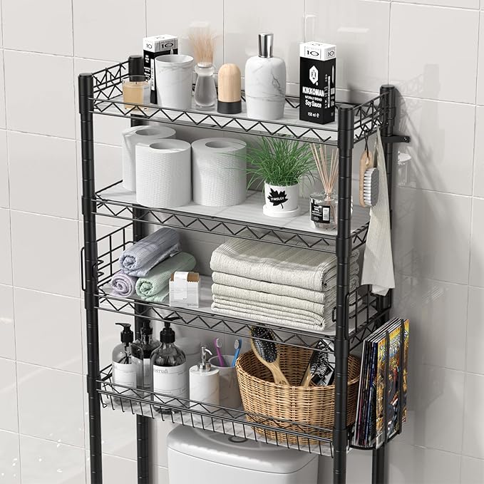 Hodonas Over Toilet Bathroom Organizer, Adjustable 4-Tier Over the Toilet Storage Shelf Sturdy Bathroom Shelves, Freestanding Above Toilet Storage Rack Stable Bathroom Space Saver, Black