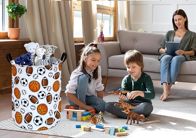 Round Colorful Basketballs Pattern Laundry Hamper Storage Basket Fabric Material Storage Hamper Organization Basket, Storage Bin, Gift Box with Handles for Room