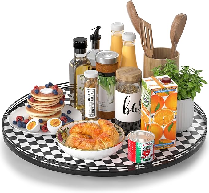21" Black and White Kitchen Lazy Susan Turntable, Round Checkered Decorative Tray, Large Lazy Susan for Dining Table Centerpiece, Pantry, Kitchen, Bathroom, Countertop, Cupboard, Home Decor
