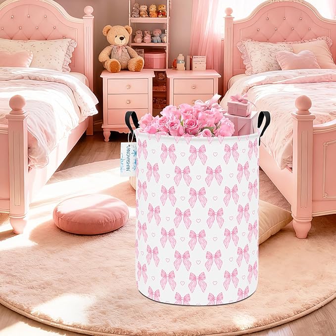 Laundry Basket Canvas Fabric Collapsible Organizer Basket for Storage Bin Toy Bins Gift Baskets Bedroom Clothes Children Nursery Hamper (Pink Bowknot)