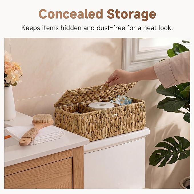 StorageWorks Toilet Paper Storage Basket with Lid, Large Wicker Baskets with 3 Compartments, Water Hyacinth Toilet Tank Basket for Shelves, Bathroom Organizer, 16½"x 5½"x 5½, 1-Pack