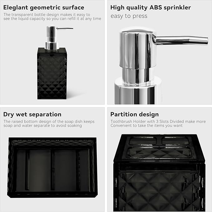Bathroom Accessory Set, 4 PCS Black Bathroom Accessories Set, Soap Dispenser and Toothbrush Holder Set, Soap Dish and Mouthwash Cup, Boho Bathroom Decor, Plastic Bathroom Sets Accessories