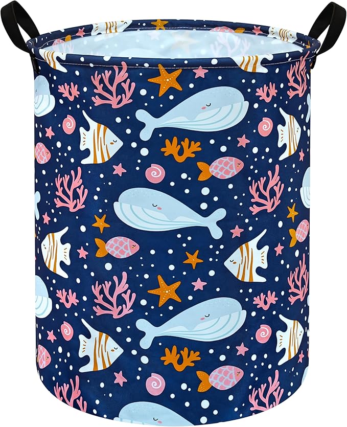 Kids Laundry Hamper Storage Basket Laundry Organizer Hamper Storage Bins Clothes Box Nursery Hamper Gift Basket with Handles (Whale)