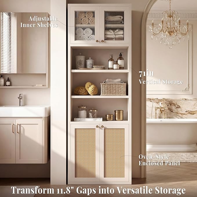 71.7" Tall Bathroom Storage Cabinet, Rattan Tall Freestanding Storage Cabinet with Doors, Adjustable Shelves and Anti-Tip Devices for Bathroom, Kitchen, Laundry Room, White