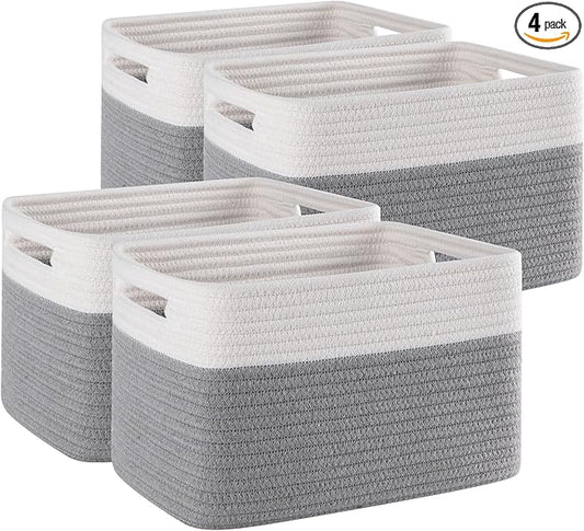 4 Pack Storage Baskets for Organizing, Woven Baskets for Shelves - Perfect for Toys, Books, Towels, and Clothes, Durable Gift Basket Bins Toy Storage, 12.7''L x9''W x7.8''H, Grey and White