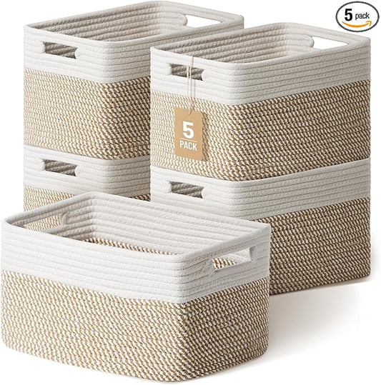 5 Pack Woven Storage Baskets for Shelves, Decorative Basket Organizer Storage Bins for Toys, Books, Clothes, Closet, Nursery, Bathroom – Cotton Rope Shelf Baskets for Organizing, Khaki & White
