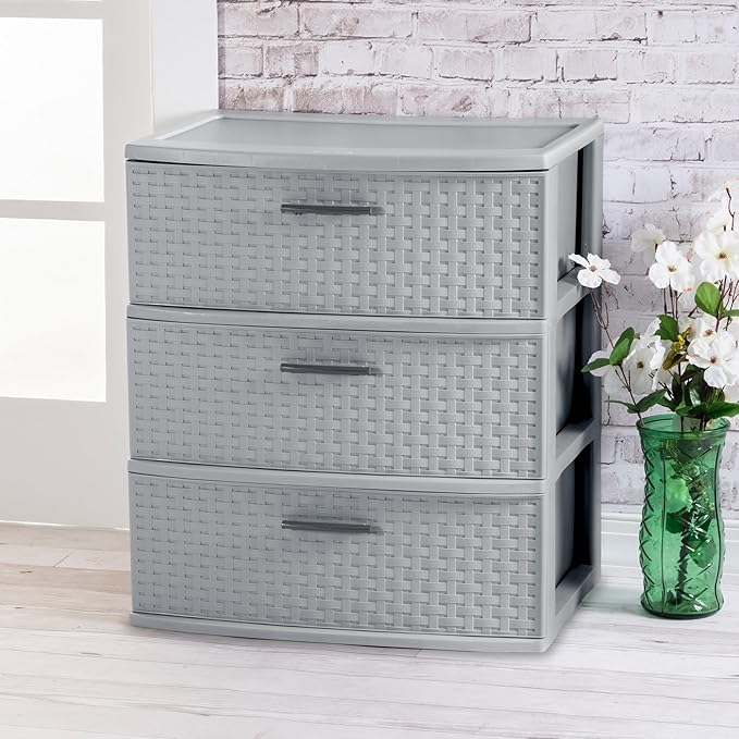 Sterilite 4 Pack 3 Drawer Wide Storage Tower, Plastic Weave Organizer, Cement - Lightweight Opaque Container for Bedrooms, Closets, or Bathrooms