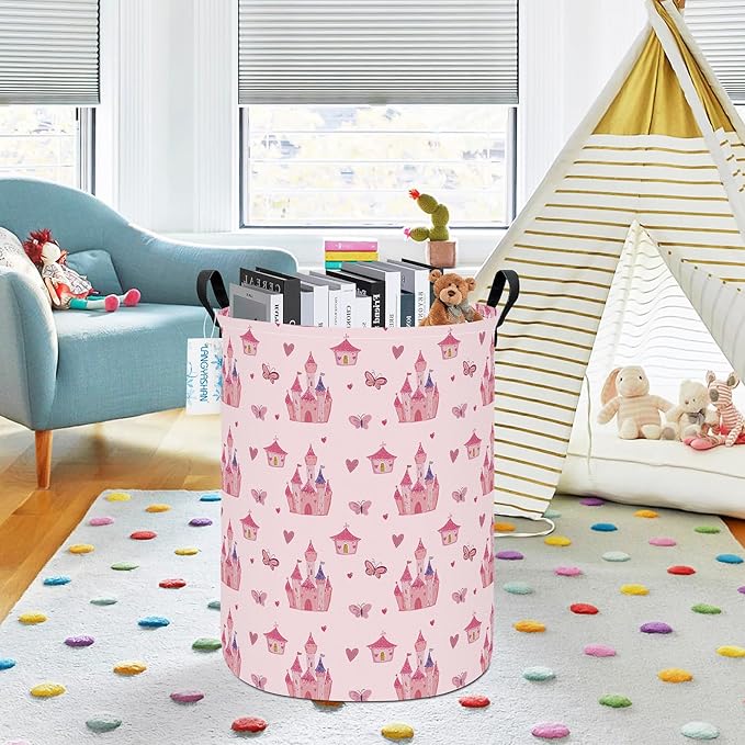 Girl Laundry Basket Canvas Fabric Collapsible Organizer Basket for Storage Bin Toy Bins Gift Baskets Bedroom Clothes Children Nursery Hamper (Pink Castle)