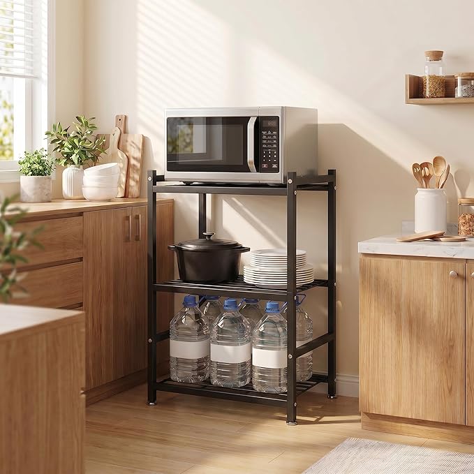 Small Storage Shelves, 3-Tier Metal Shelving Unit with Adjustable Feet, Compact Shelf Organizer for Garage, Kitchen, Pantry and Closet Organization, 11.8" x 17.7" x 29.9",Black