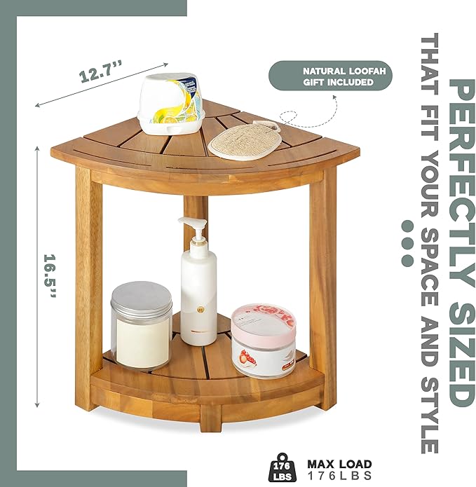 VICTORY RELAX Acacia Wood Corner Shower Shelf for Inside Shower – Waterproof Shower Bench & Foot Rest for Shaving Legs, Small Bathroom Spa Seat, Natural Color (17.9")