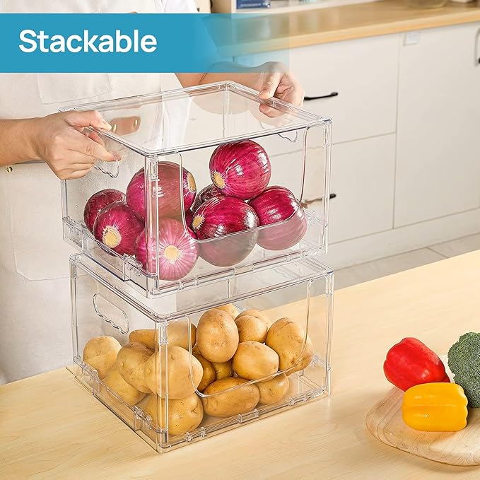 ANUMITRA 2 Pack Large Foldable Open Front Storage Bins with Lids, Stackable Clear Plastic Container Organizer for Pantry, Kitchen, Cabinet, Bathroom, Closet Organizers and Storage